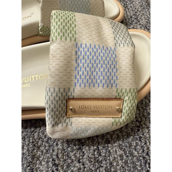 Louis Vuitton Womens Checkered Slide Sandals Beige/Green/Blue Size 38 - Picture 5 of 10